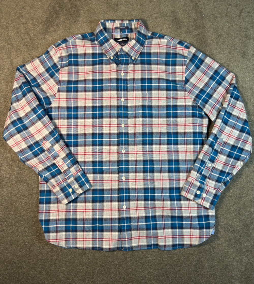 Lands End Sail Rigger Oxford Mens L 16-16.5 Blue Red Plaid Button Down Shirt